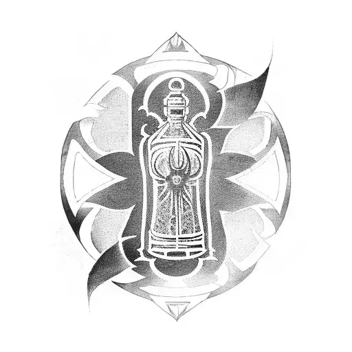 A blackwork tattoo of a Bioshock Power Bottle with intricate BERSERK MANGA-inspired patterns surrounding it tattoo design idea