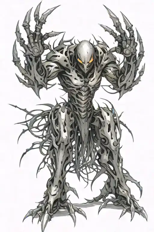 3-meter tall metallic humanoid with four arms adorned in razor-sharp blades and thorns, glowing eyes, standing ominously tattoo design idea