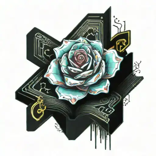 a crystal rose in front of an open book tattoo design idea