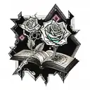 a crystal rose in front of an open book tattoo design idea