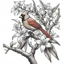 red cardinal on tree branch with bird of paradise flowers tattoo design idea