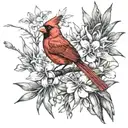 red cardinal on tree branch with bird of paradise flowers tattoo design idea