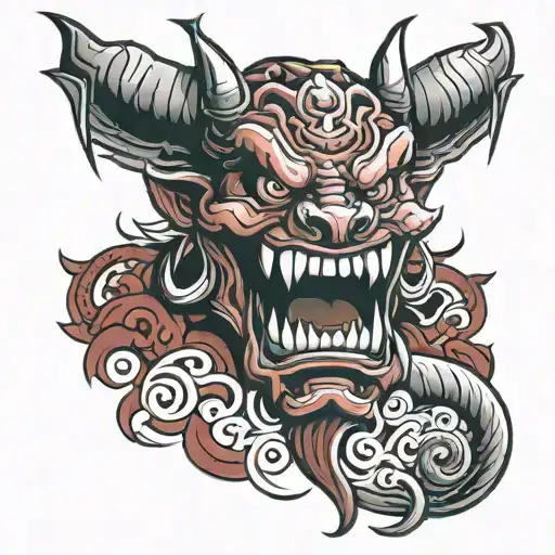 red oni with scroll in mouth tattoo design idea