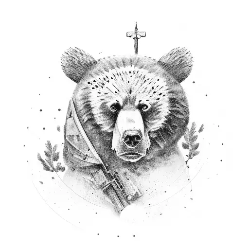 Soldier holding a bear cub in camouflage tattoo design idea
