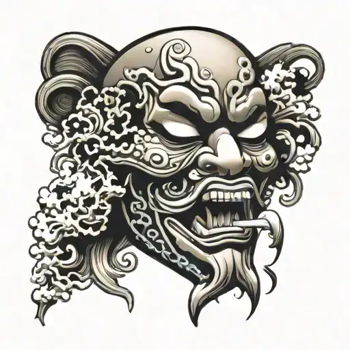 Japanese mask with smoke coming out of the mouth tattoo design idea