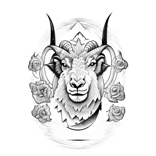 A powerful depiction of a mountain goat and a fish, representing the strength and adaptability of Capricorn and Pisces, accented with delicate pink flowers tattoo design idea