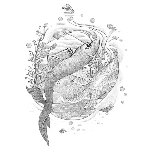 An enchanting underwater scene with a mermaid and a school of fish, embodying the mystical aspects of Capricorn and Pisces, complemented by elegant pink flowers tattoo design idea