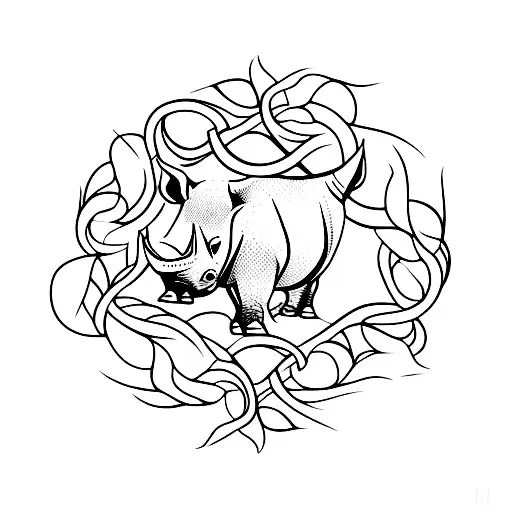 A graceful rhinoceros silhouette surrounded by a delicate vine pattern tattoo design idea