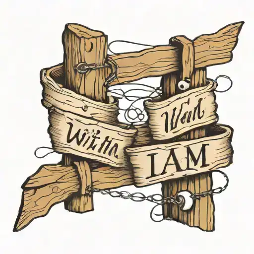 two fence posts with "with you I am" written in cursive out of the wire between the posts tattoo design idea