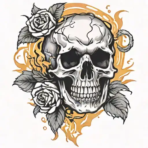 skull on fire with roses tattoo design idea