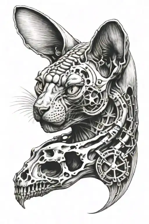 Sphynx cat with half exposed skull tattoo design idea