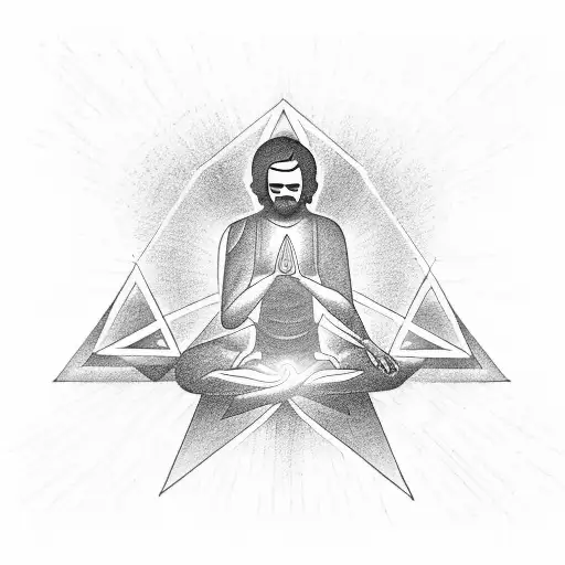 a man meditating, and it's chakras aligned with a d20 in a hand of a deity tattoo design idea