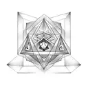 a man meditating, and it's chakras aligned with a d20 in a hand of a deity tattoo design idea