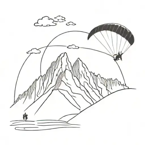A mountain with 4 hikers on it and a person flying in a paraglider next to it tattoo design idea