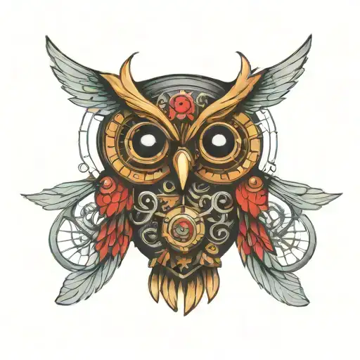A neotraditional design of a steampunk owl with 49ers colors and symbols incorporated into its feathers tattoo design idea