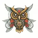 A neotraditional design of a steampunk owl with 49ers colors and symbols incorporated into its feathers tattoo design idea