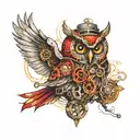 A neotraditional design of a steampunk owl with 49ers colors and symbols incorporated into its feathers tattoo design idea