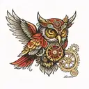 A neotraditional design of a steampunk owl with 49ers colors and symbols incorporated into its feathers tattoo design idea