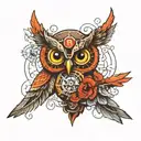 A neotraditional design of a steampunk owl with 49ers colors and symbols incorporated into its feathers tattoo design idea