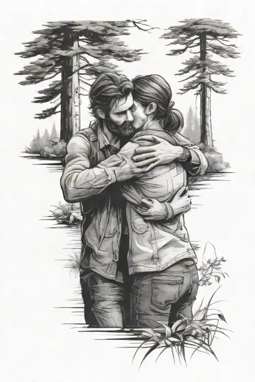 The last of us 1. Ellie and Joel hug when they meet again in the cabin after having killed David. Video game scene tattoo design idea