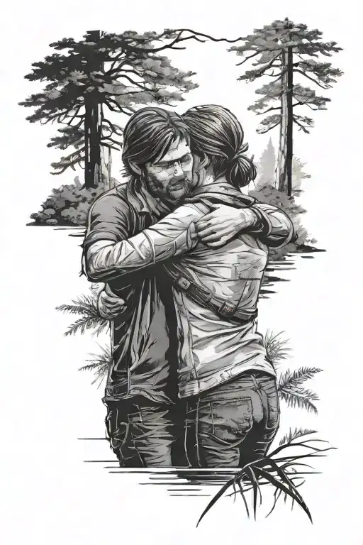 The last of us 1. Ellie and Joel hug when they meet again in the cabin after having killed David. Video game scene tattoo design idea