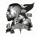 A portrait of Tupac and Drake sharing a mic, surrounded by Black Lives Matter symbols and a banner with the last name Williams, all under a divine light representing God's presence tattoo design idea