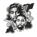 A portrait of Tupac and Drake sharing a mic, surrounded by Black Lives Matter symbols and a banner with the last name Williams, all under a divine light representing God's presence tattoo design idea