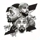 A portrait of Tupac and Drake sharing a mic, surrounded by Black Lives Matter symbols and a banner with the last name Williams, all under a divine light representing God's presence tattoo design idea