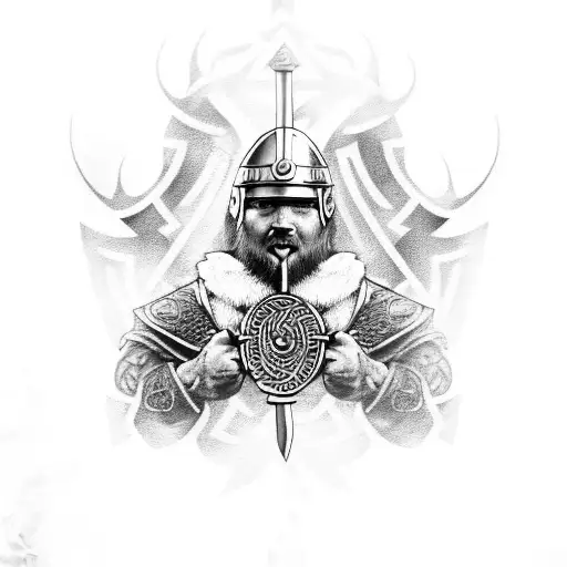 Viking warrior emerging from smoke with skulls in the background tattoo design idea