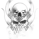 Viking warrior emerging from smoke with skulls in the background tattoo design idea