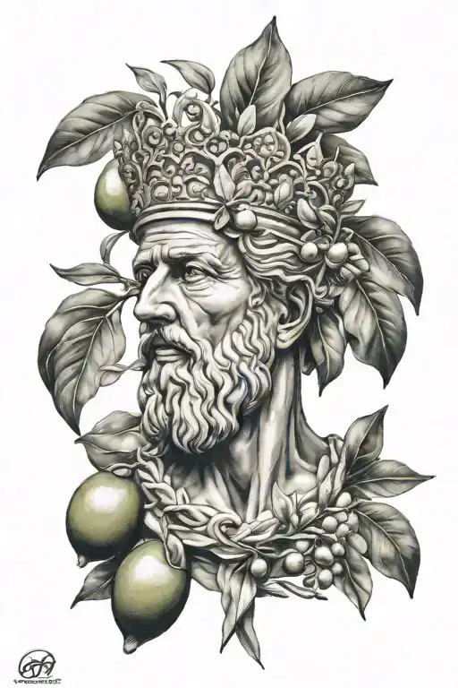 ancient king statue and olive branch wrapped tattoo design idea