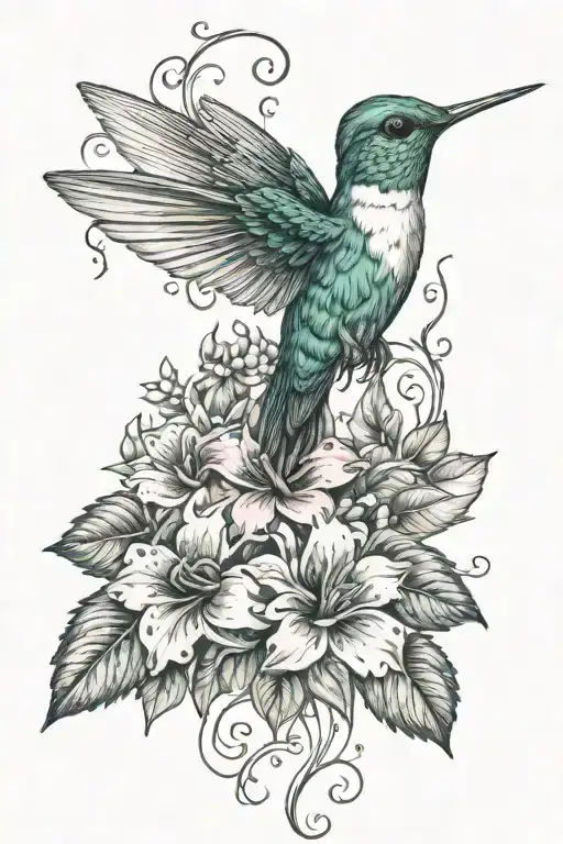 hummingbird beautiful leaves and flowers heart and brain tattoo design idea