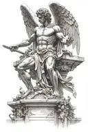 A statue of a winged man located in the middle of the city in ancient times. their hands are open and they have a sword  tattoo design idea