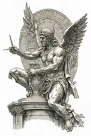 A statue of a winged man located in the middle of the city in ancient times. their hands are open and they have a sword  tattoo design idea