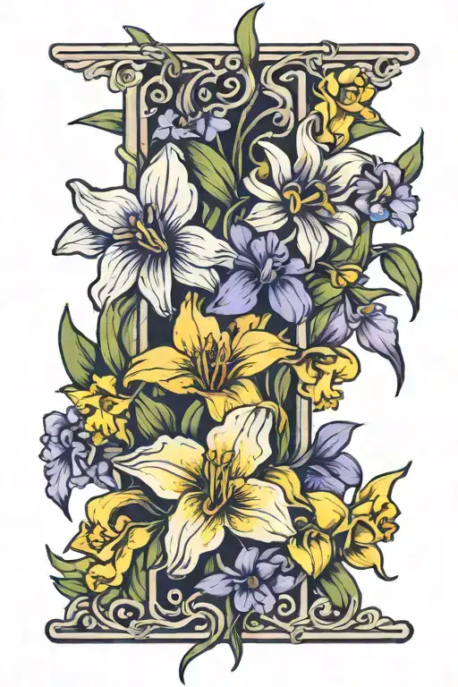 flower band with violets, irises, narcissus, and daffodils  tattoo design idea