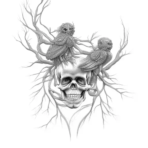 couple becoming a root tree that tangles and turns into two human skeleton hair is branches butterfly on a branch bird n tattoo design idea