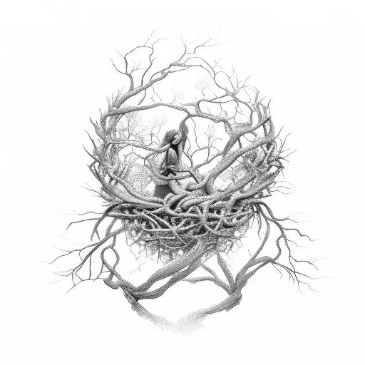 couple becoming a root tree that tangles and turns into two ñ human hair is branches butterfly on a branch bird nest tattoo design idea