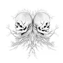 couple becoming a root tree that tangles and turns into two human skeleton hair is branches butterfly on a branch bird n tattoo design idea