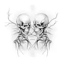 couple becoming a root tree that tangles and turns into two human skeleton hair is branches butterfly on a branch bird n tattoo design idea