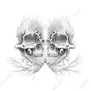 couple becoming a root tree that tangles and turns into two human skeleton hair is branches butterfly on a branch bird n tattoo design idea