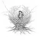 couple becoming a root tree that tangles and turns into two ñ human hair is branches butterfly on a branch bird nest tattoo design idea