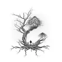 couple becoming a root tree that tangles and turns into two ñ human hair is branches butterfly on a branch bird nest tattoo design idea
