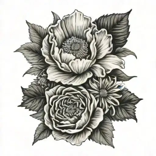 Create a black and white hip tattoo with one of each of these flowers: carnation, primrose, daisy, poppy, aster and a pe tattoo design idea