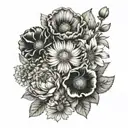 Create a black and white hip tattoo with one of each of these flowers: carnation, primrose, daisy, poppy, aster and a pe tattoo design idea