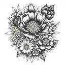 Create a black and white hip tattoo with one of each of these flowers: carnation, primrose, daisy, poppy, aster and a pe tattoo design idea