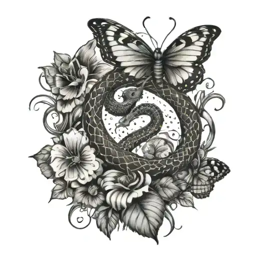A snake weaving through a field of butterflies with hearts floating in the background tattoo design idea