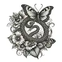 A snake weaving through a field of butterflies with hearts floating in the background tattoo design idea