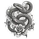 A snake weaving through a field of butterflies with hearts floating in the background tattoo design idea