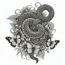 A snake weaving through a field of butterflies with hearts floating in the background tattoo design idea