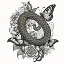 A snake weaving through a field of butterflies with hearts floating in the background tattoo design idea